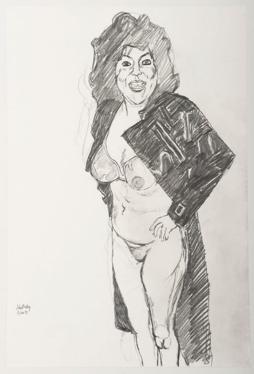 john bratby aphrodite girl in black raincoat